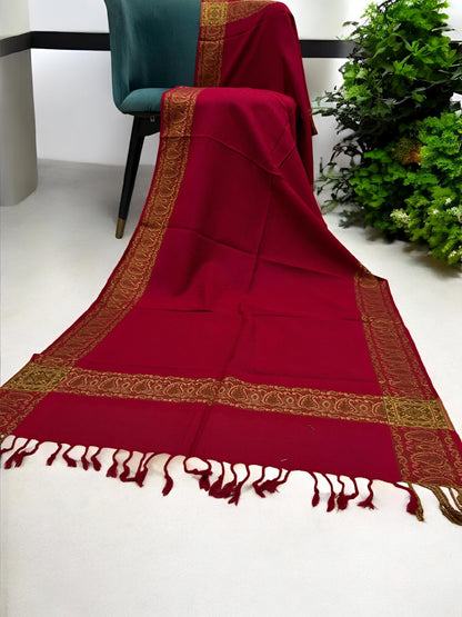 Red Plain Paisleys Border Pashmina Hijab