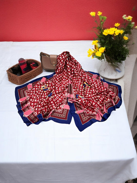 Large Satin Silk Scarf - Strawberry Red LV