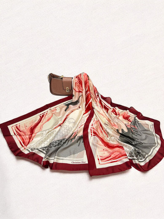 Large Satin Silk Scarf - Maroon White Dior
