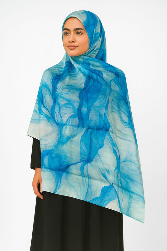 Large Satin Silk Scarf - Vivid Sky Blue Pattern