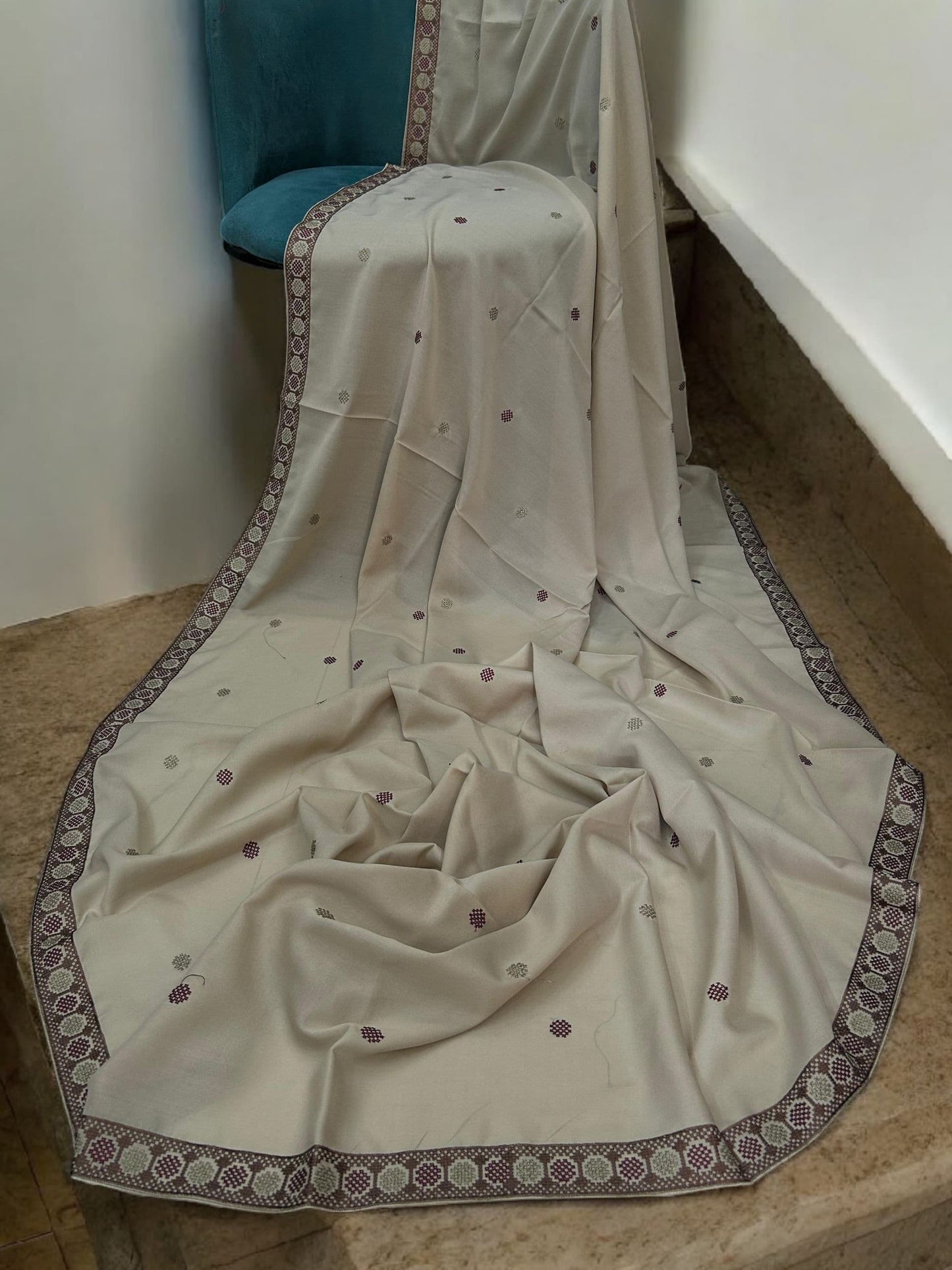 Cream White Beige Circles Fancy Embroidered Shaal