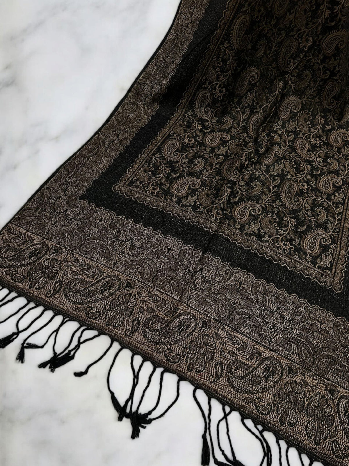Black Silver Gold Little Paisleys Two-Tone Pashmina Hijab
