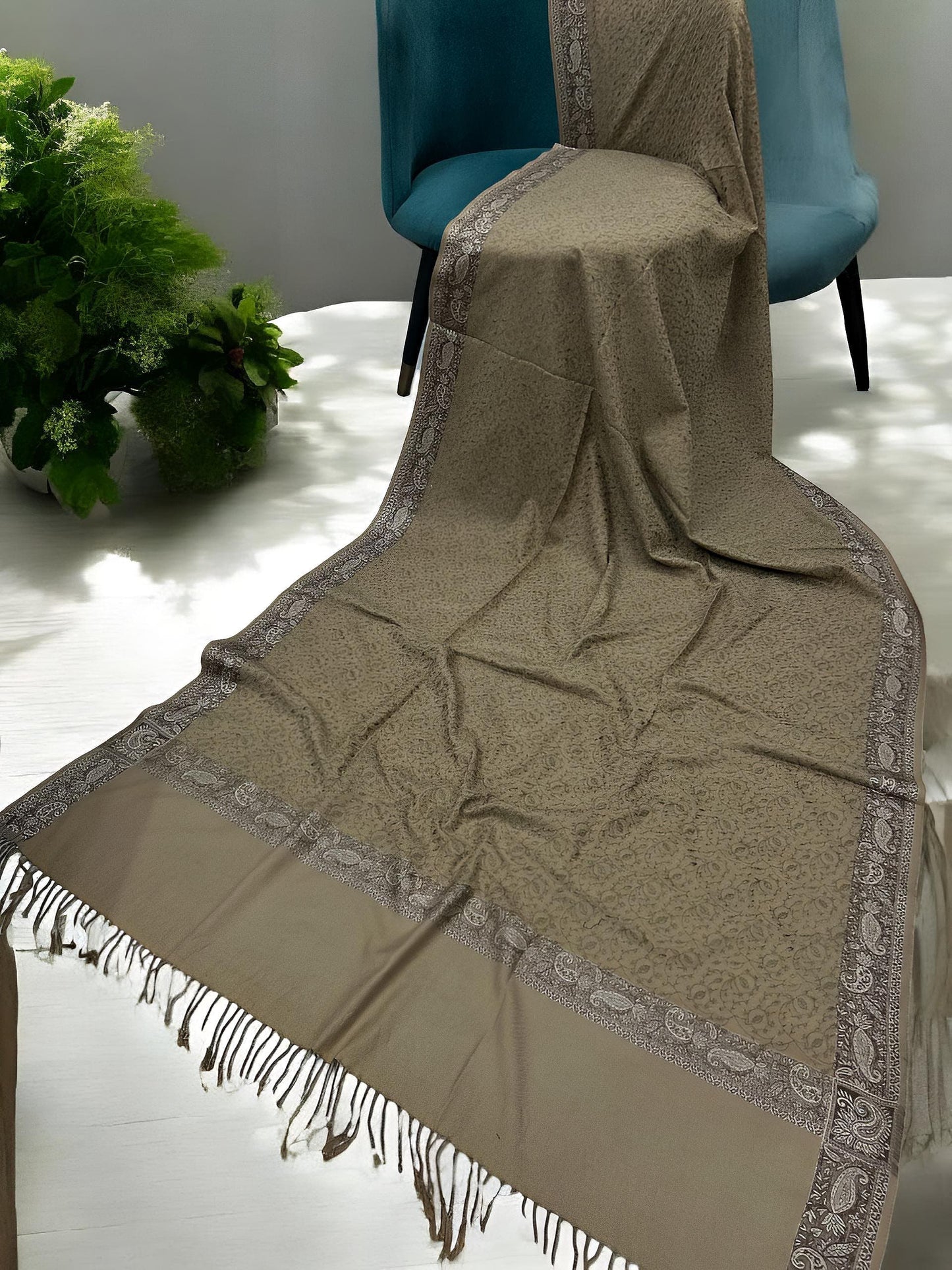 Tortilla Brown Beige Threadwork Hand Embroidered Pashmina Shawl