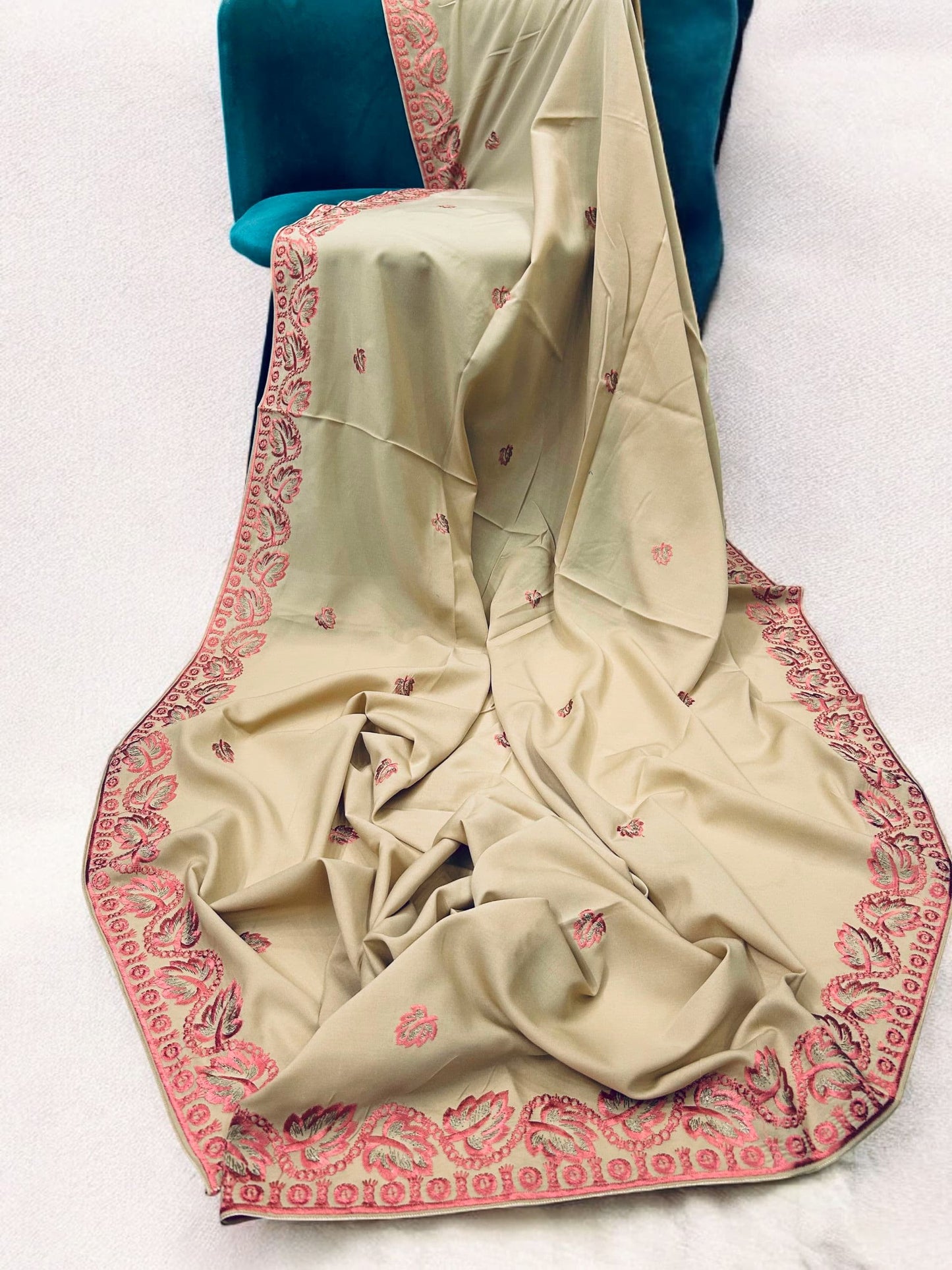 Beige Coral Leaflets Fancy Embroidered Shaal