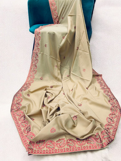 Beige Coral Leaflets Fancy Embroidered Shaal
