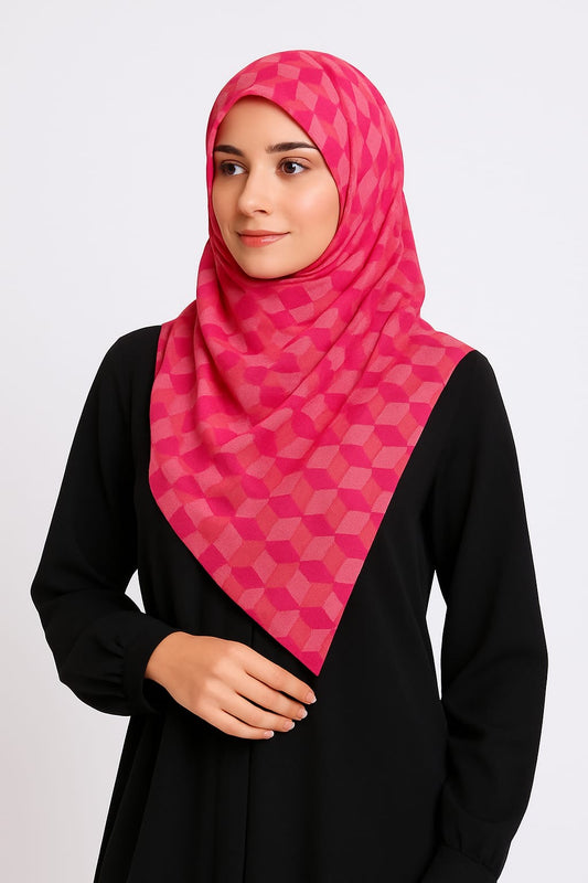 Hot Pink Patterned Printed Modal Hijab