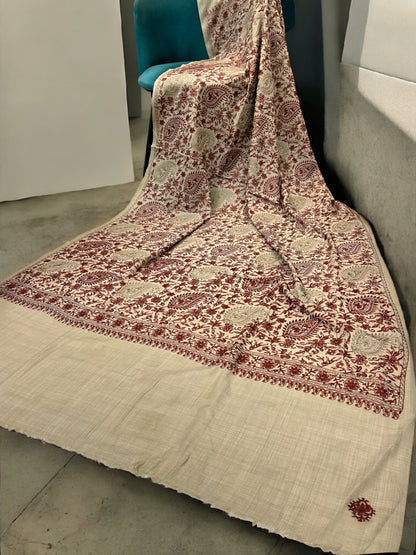 Beige Maroon - Embroidered Kalamkar Kashmiri Shawl