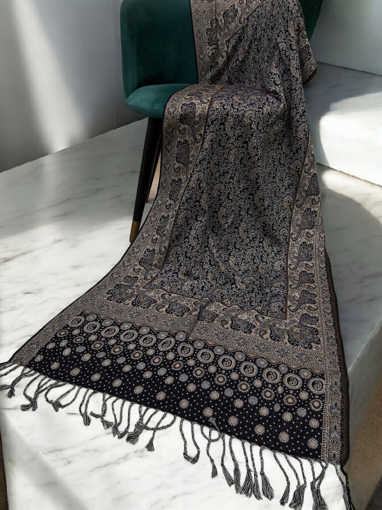 Black Fawn Silver Dotted Two-tone Paisley Pashmina Hijab