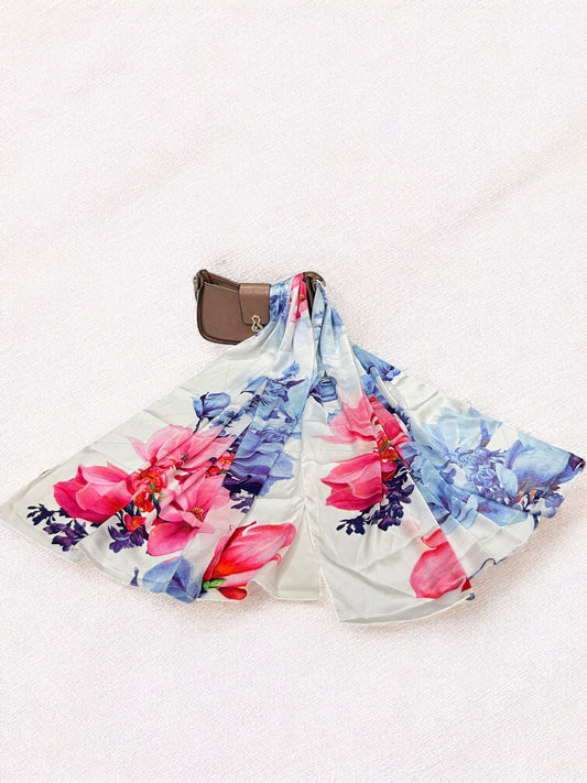 Large Satin Silk Scarf - White Blue Pink Flowers