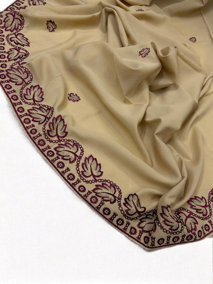 Khaki Maroon Leaflets Fancy Embroidered Shaal