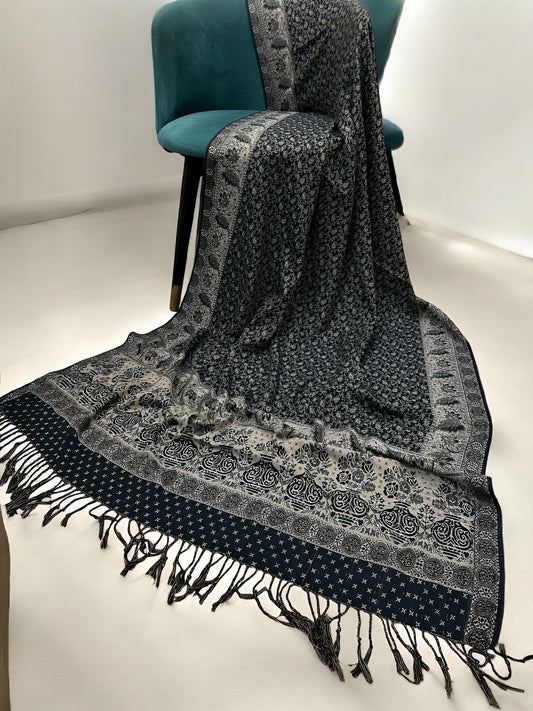 Pashmina Shawl - Black Beige Floral