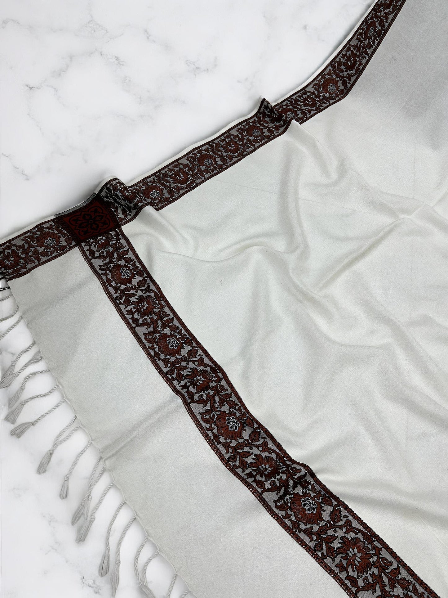 White Maroon Embossed Patchwork Border Shawl