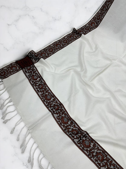 White Maroon Embossed Patchwork Border Shawl