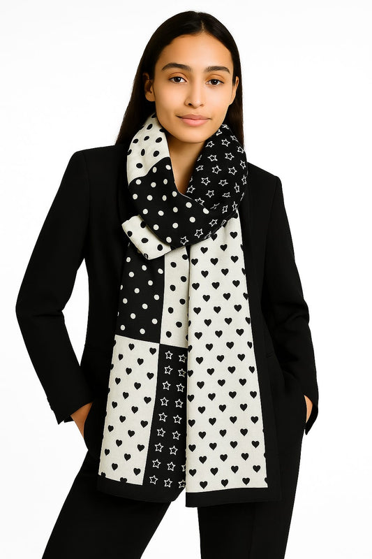 Printed Viscose Wool Hijab - White Black Dots Hearts