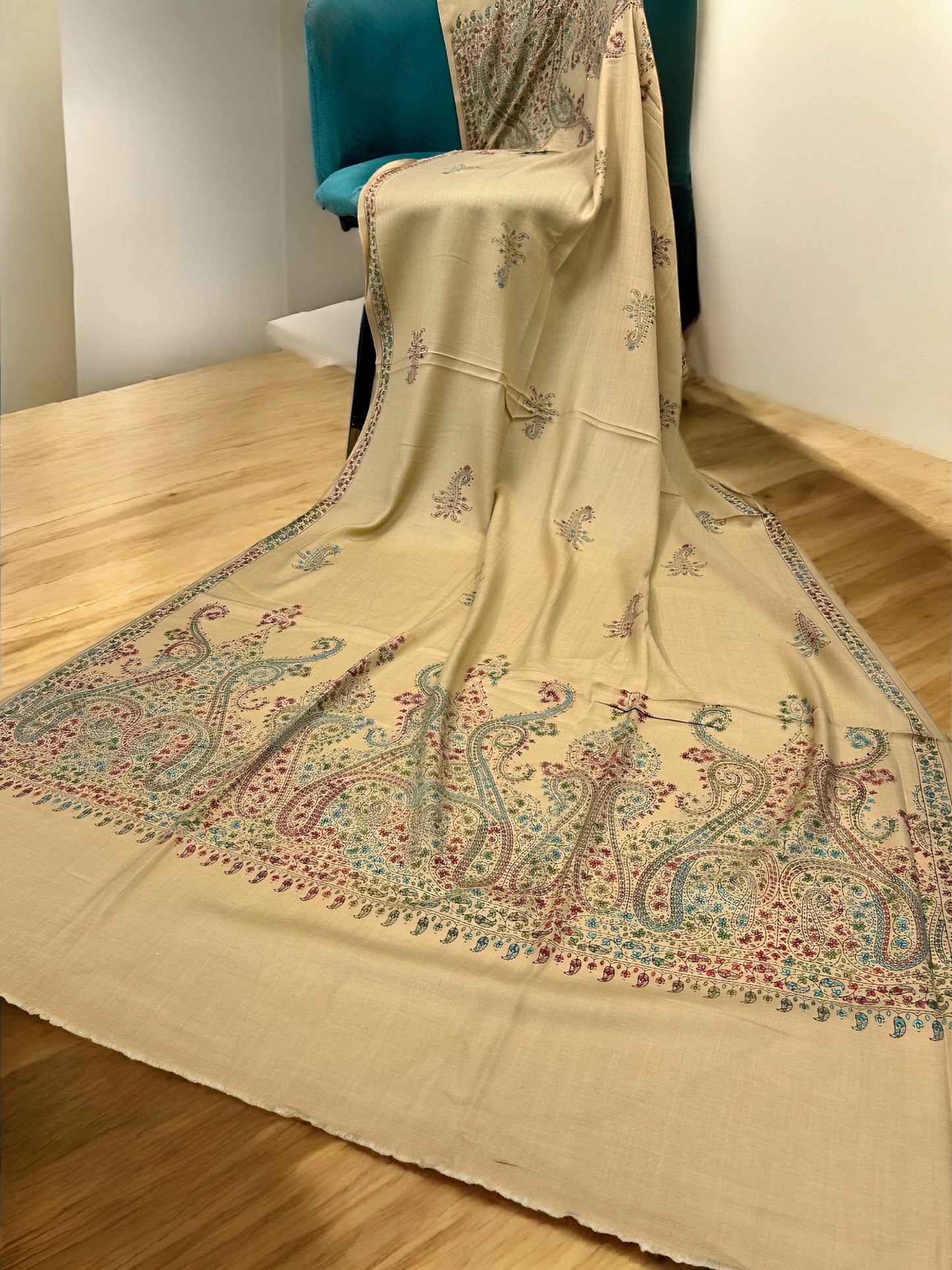 Beige Multi - Hand Embroidered Paisley Kashmiri Shawl