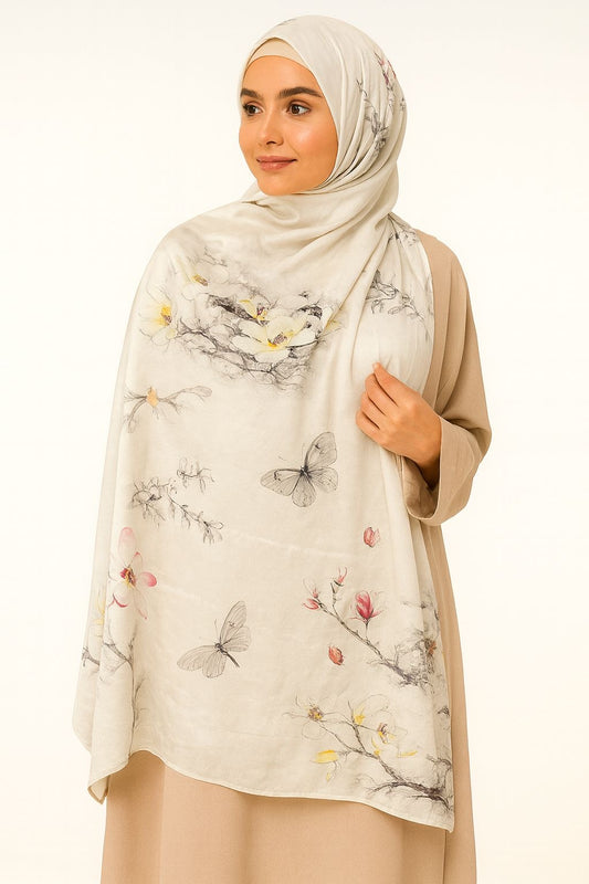 Large Satin Silk Scarf - Simple White Butterfly Floral