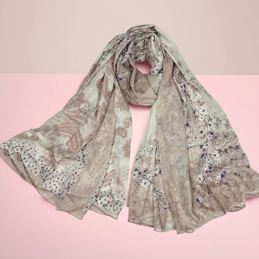Beige Pink Paisley Floral Printed Modal Hijab