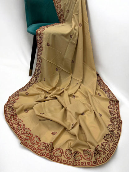 Khaki Red Leaflets Fancy Embroidered Shaal