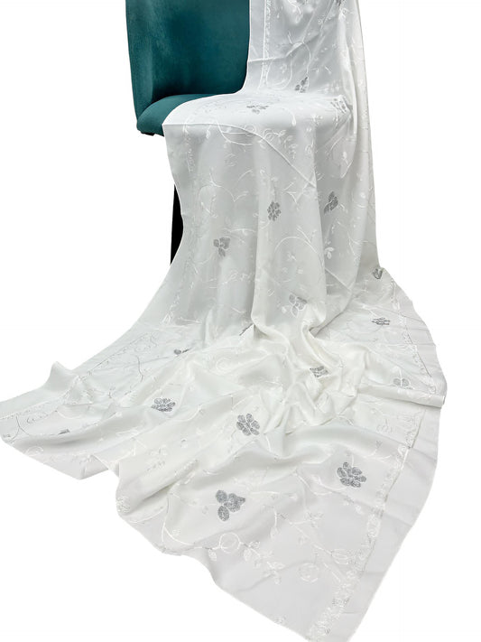 White Silver Peony Embroidered Lawn Dupatta