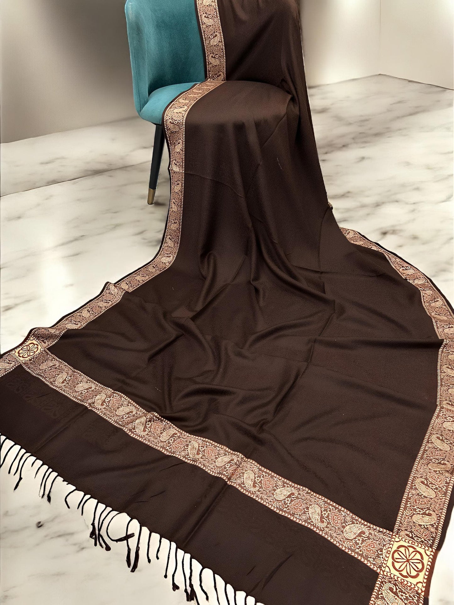 Brown Peach Embossed Patchwork Border Shawl