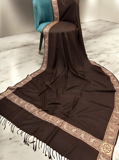 Brown Peach Embossed Patchwork Border Shawl