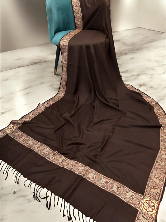 Brown Peach Embossed Patchwork Border Shawl