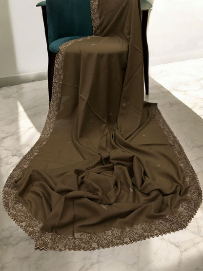 Sepia Brown Rosegold Cutwork Embroidered Border Shaal