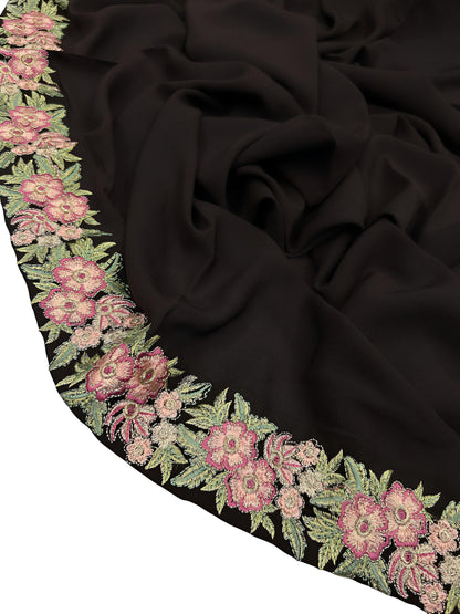 Luxury Umber Brown Floral Border Korean Shaal