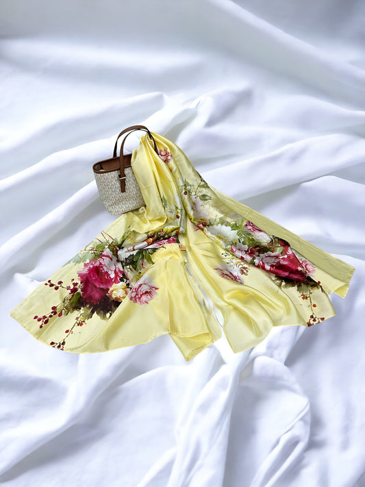 Large Satin Silk Hijab - Lemon Floral