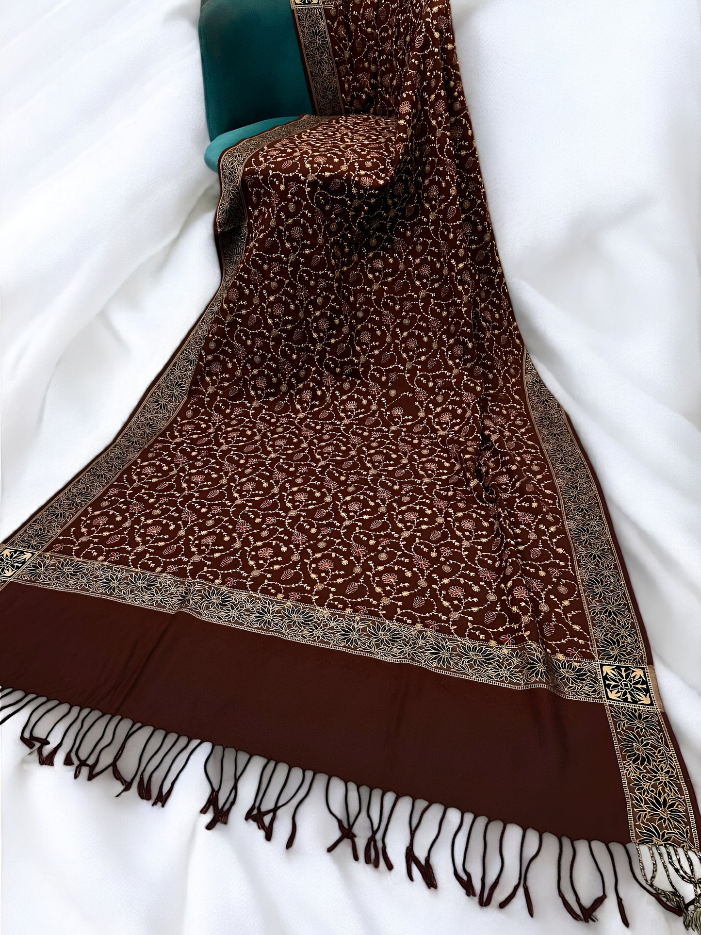 Chocolate Brown - Embroidered Threadwork Kashmiri Shawl