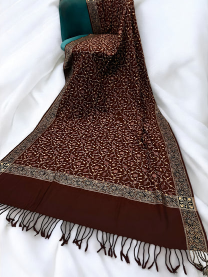 Chocolate Brown - Embroidered Threadwork Kashmiri Shawl