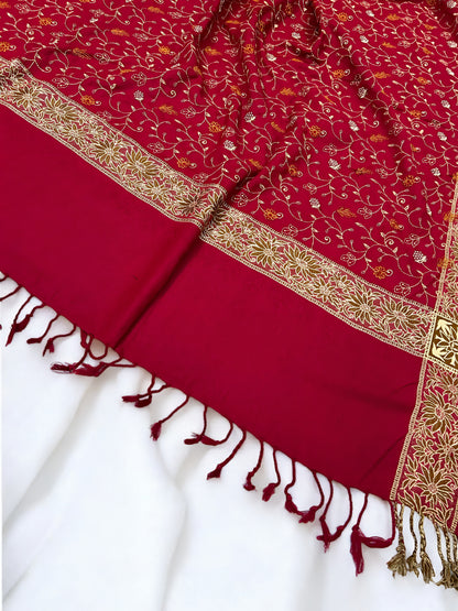 Red - Embroidered Threadwork Kashmiri Shawl