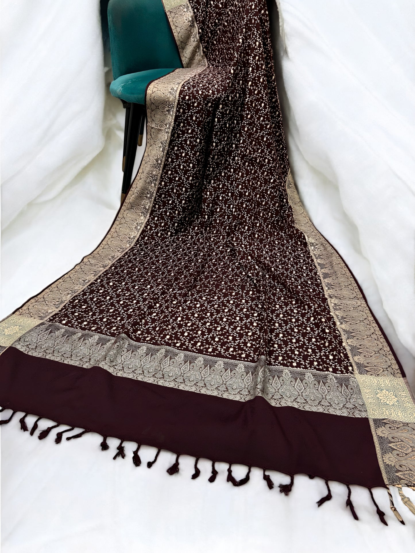 Burgundy - Embroidered Threadwork Kashmiri Shawl