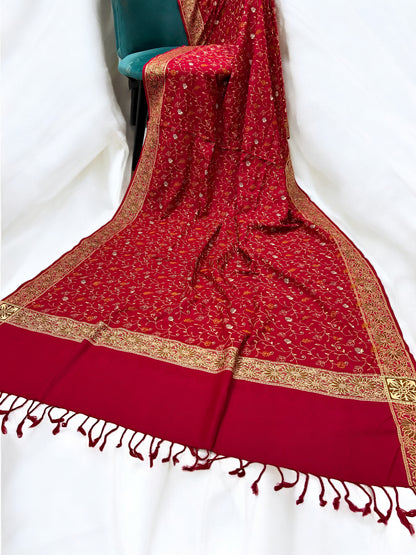 Red - Embroidered Threadwork Kashmiri Shawl