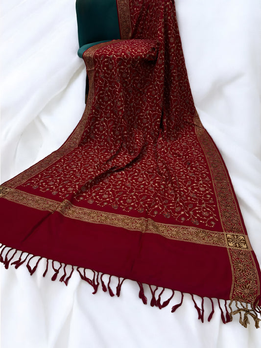 Maroon - Embroidered Threadwork Kashmiri Shawl