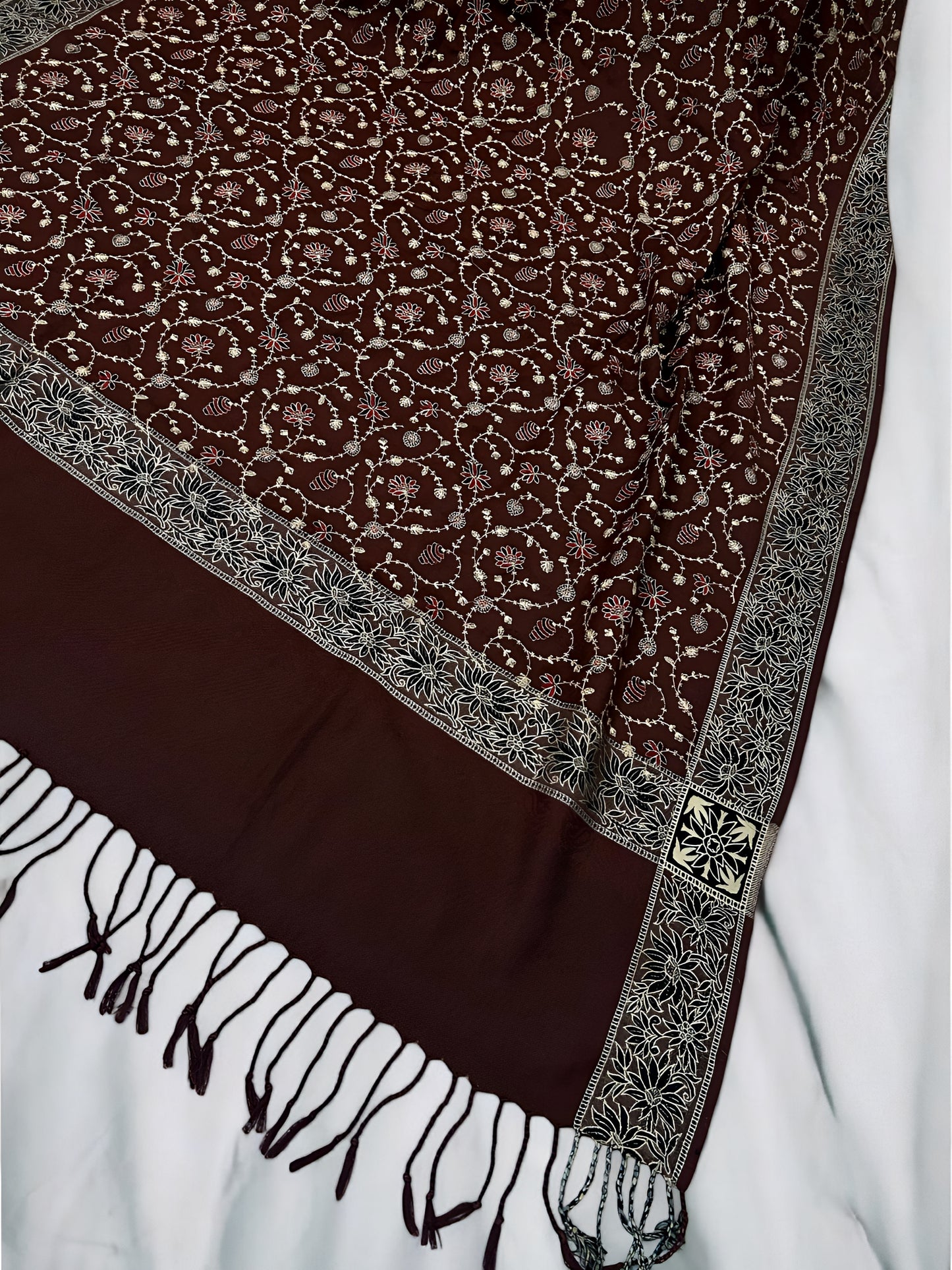 Chocolate Brown - Embroidered Threadwork Kashmiri Shawl