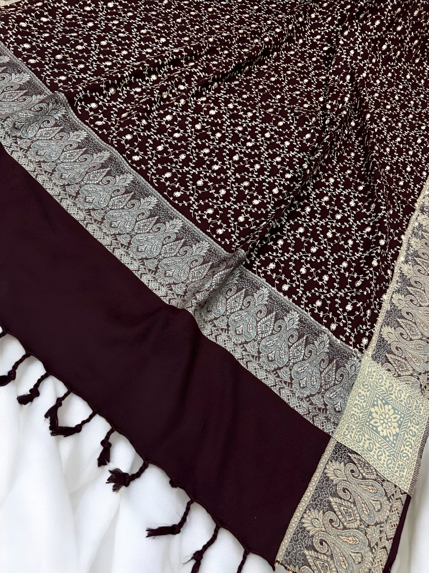 Burgundy - Embroidered Threadwork Kashmiri Shawl