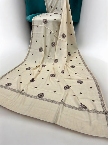Cream White - Embroidered Mirrorwork Kashmiri Shawl