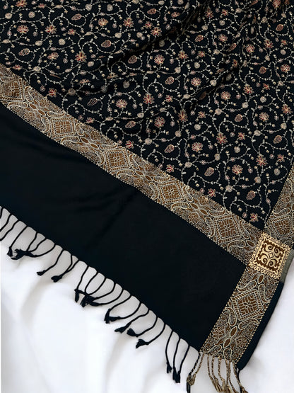 Black Cream - Embroidered Threadwork Kashmiri Shawl