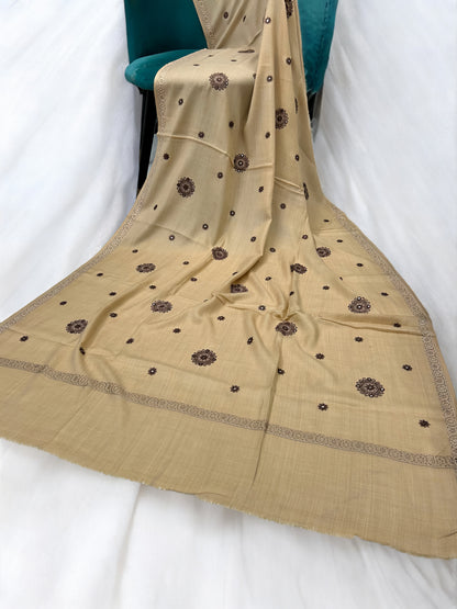 Beige - Embroidered Mirrorwork Kashmiri Shawl