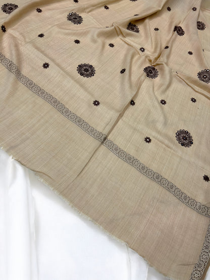 Beige - Embroidered Mirrorwork Kashmiri Shawl