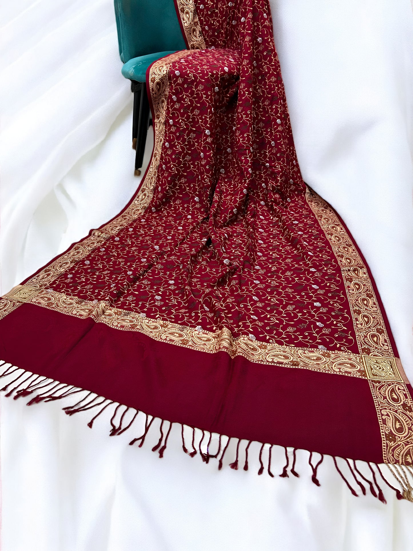 Maroon - Embroidered Threadwork Kashmiri Shawl