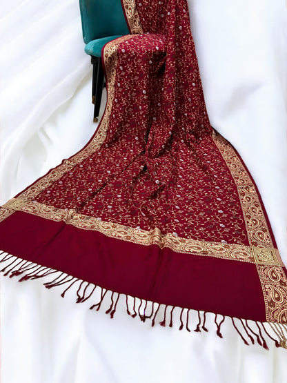 Maroon - Embroidered Threadwork Kashmiri Shawl