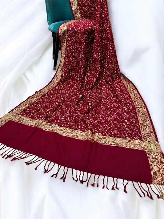 Maroon Gold - Embroidered Threadwork Kashmiri Shawl