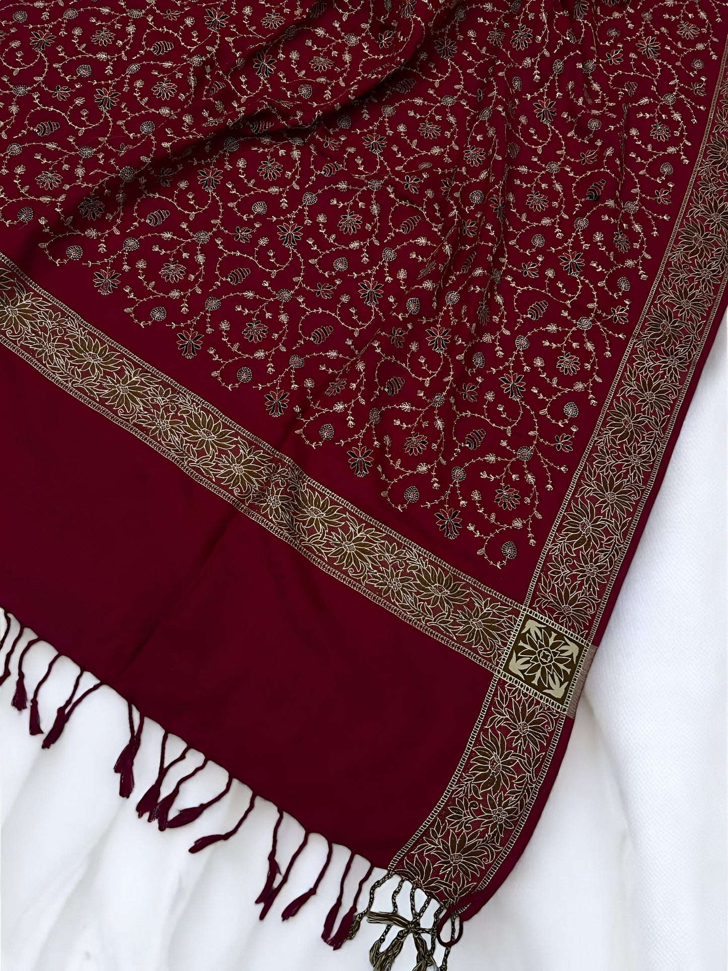 Maroon - Embroidered Threadwork Kashmiri Shawl