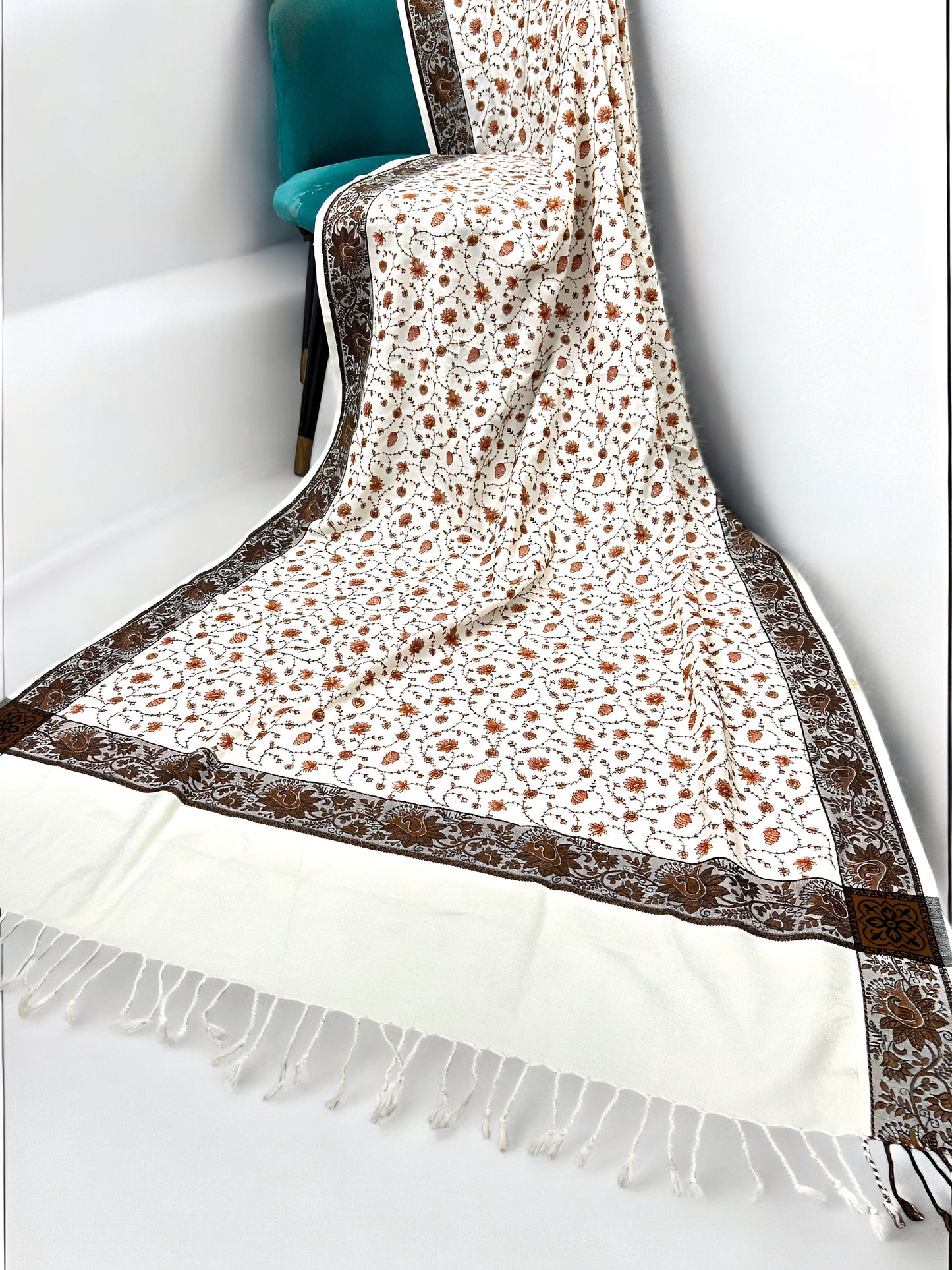White - Embroidered Threadwork Kashmiri Shawl