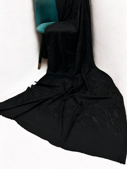 Pure Black - Embroidered Paisley Kashmiri Shawl