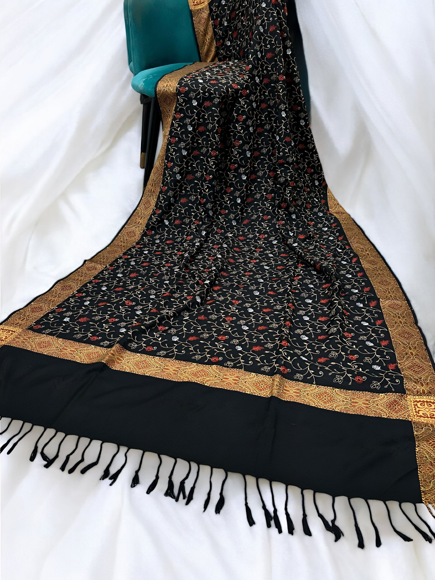 Black Copper - Embroidered Threadwork Kashmiri Shawl