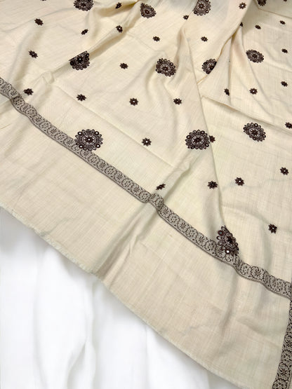 Cream White - Embroidered Mirrorwork Kashmiri Shawl